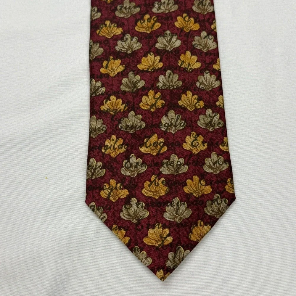 Ermenegildo Zegna Tie Mens OS Burgundy Gold Floral Leaf Silk Italian Designer